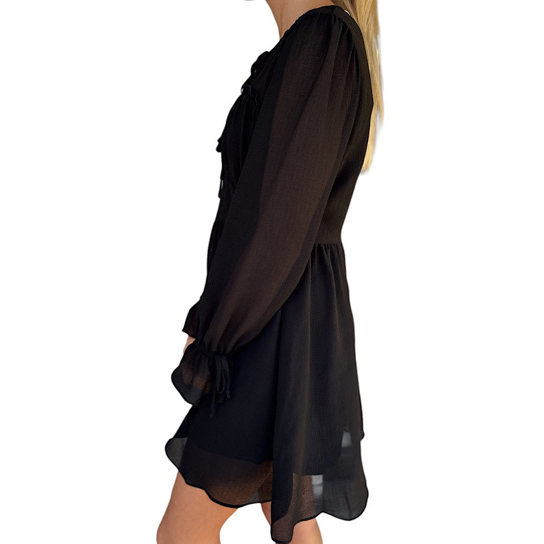 Black Ruffle & Bow Detail Mini Woven Dress
