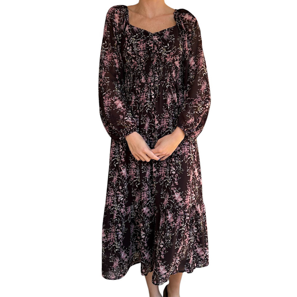 Burgundy Floral Printed Smocked Torso Midi Dress