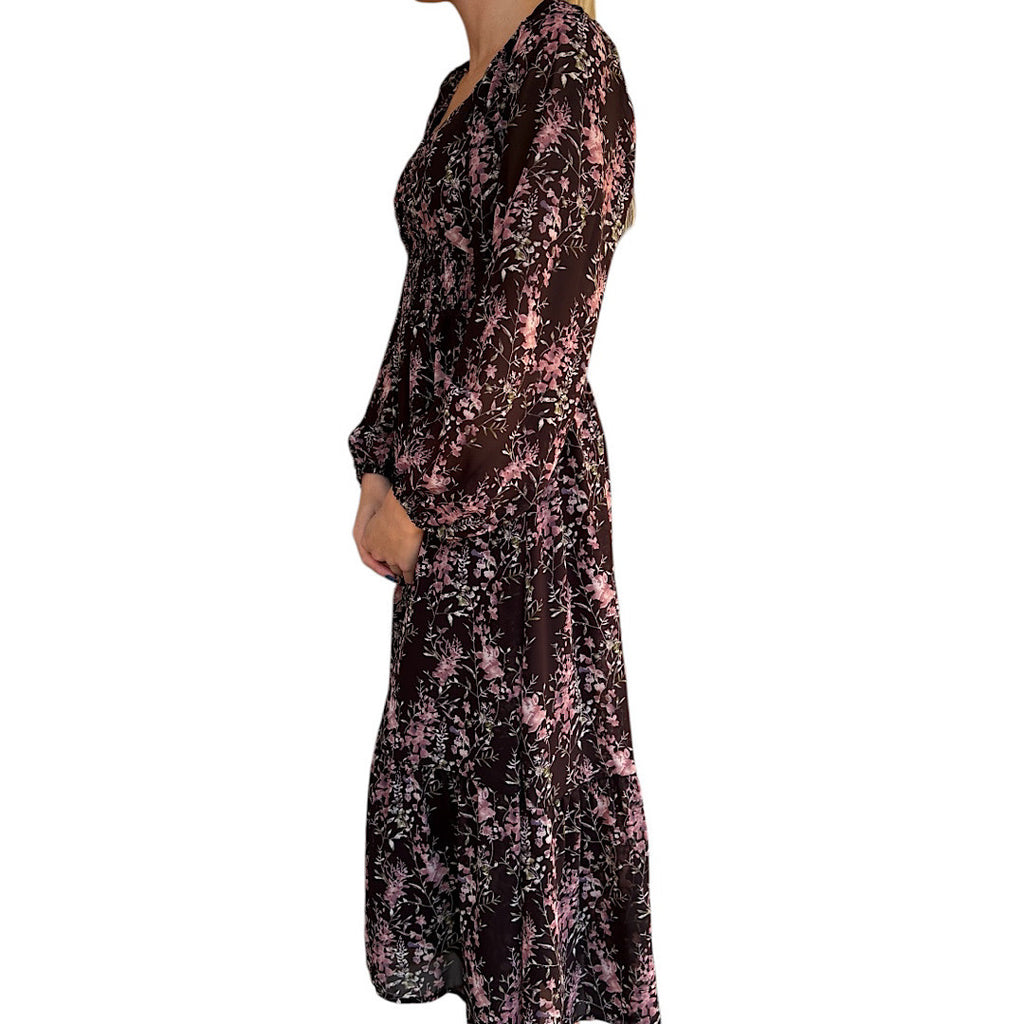 Burgundy Floral Printed Smocked Torso Midi Dress
