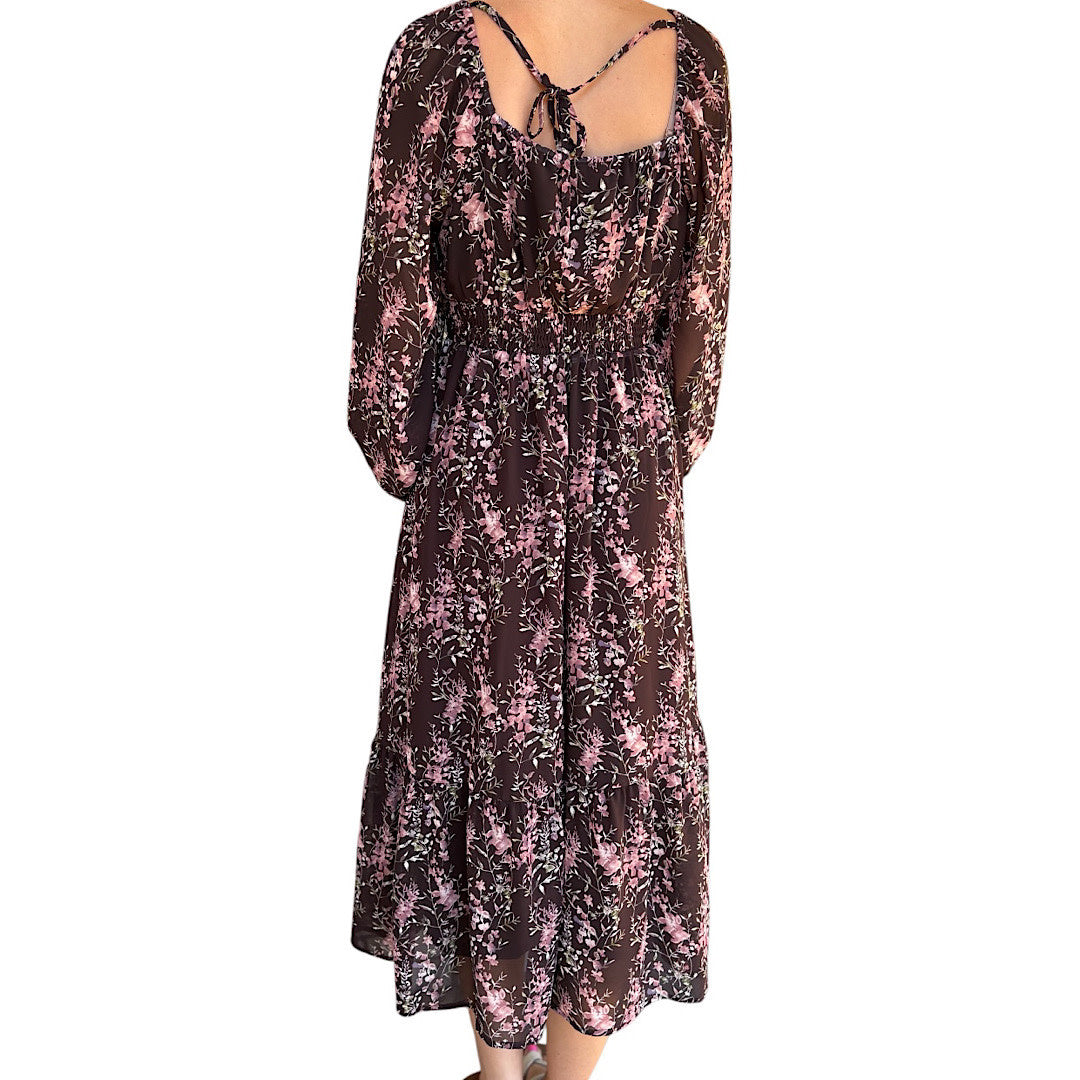 Burgundy Floral Printed Smocked Torso Midi Dress