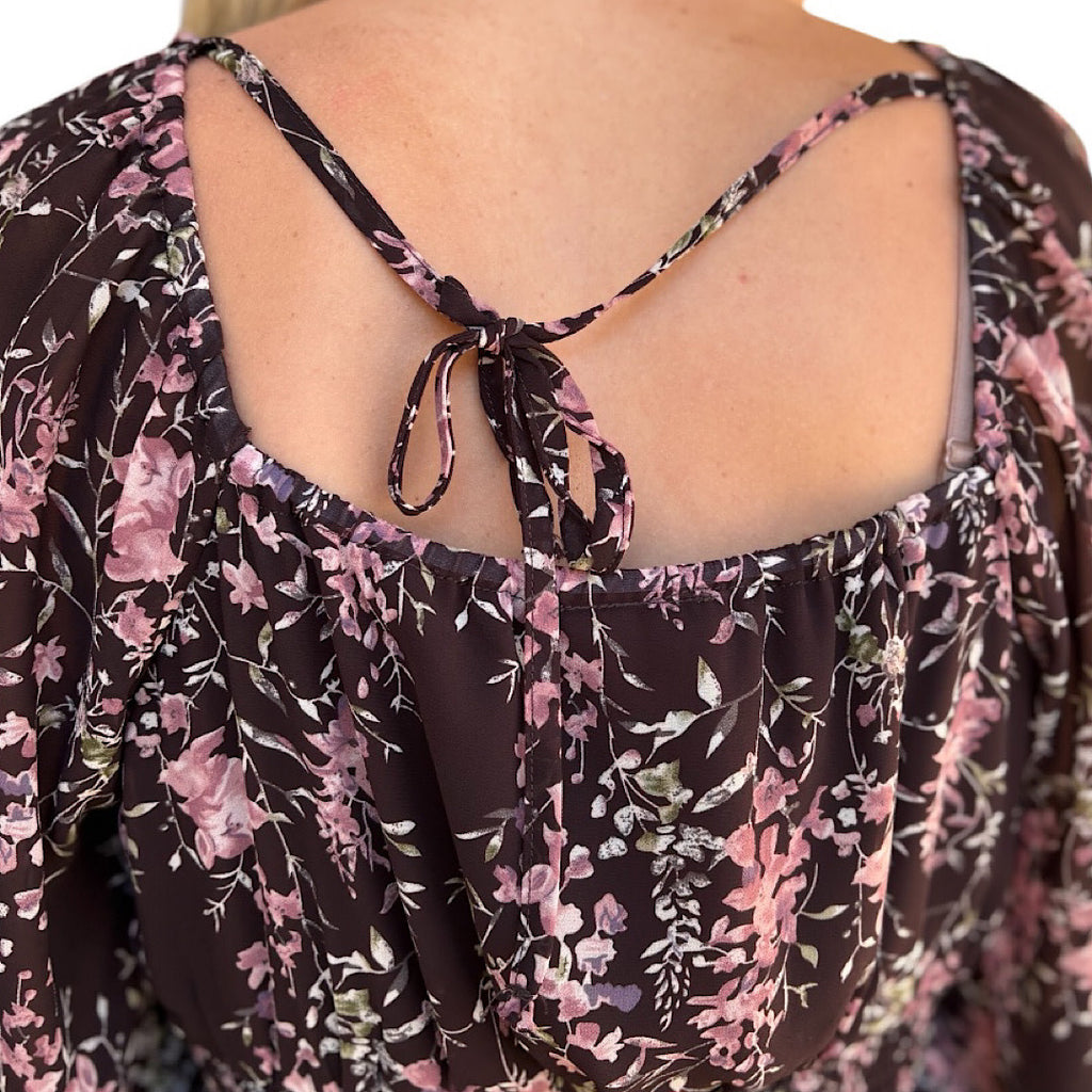 Burgundy Floral Printed Smocked Torso Midi Dress