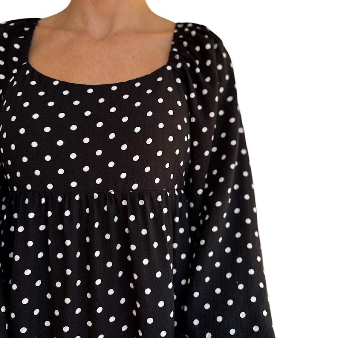 Black/Ivory Polka Dot Printed Tiered Layer Mini Dress