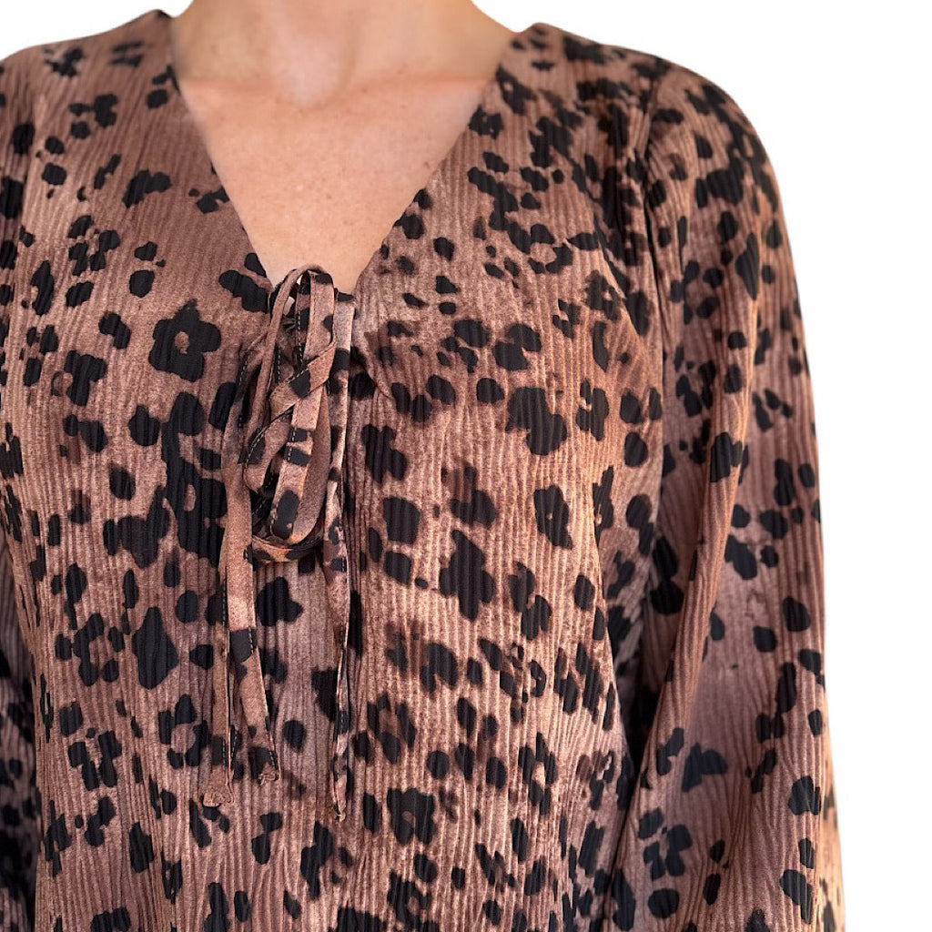 Mocha Leopard Printed Pleated Mini Dress