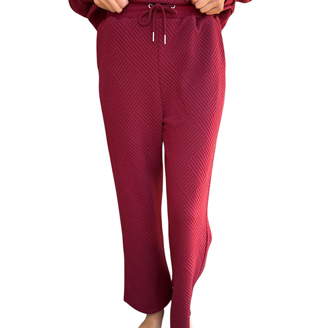 Wine Textured Knit Casual Comfy Top & Pants Set