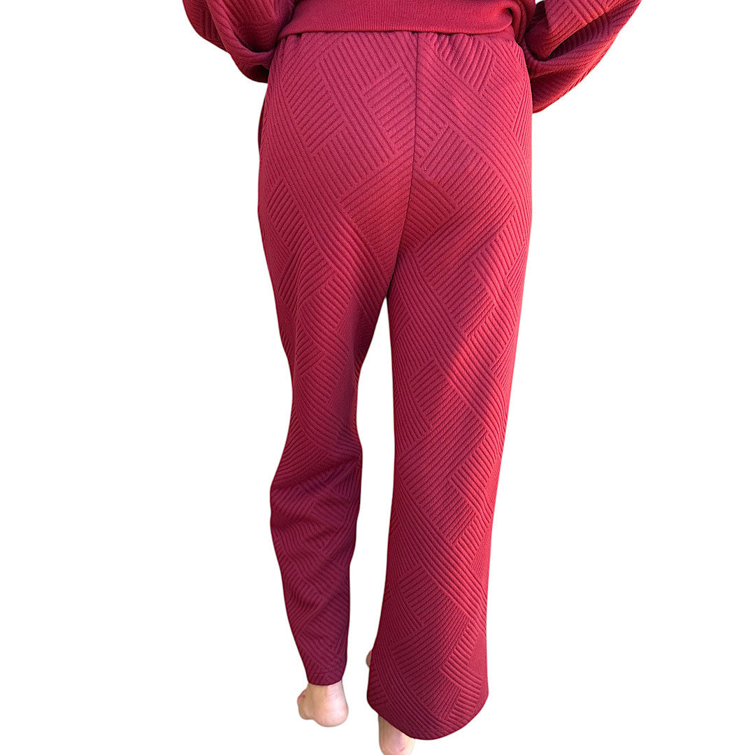 Wine Textured Knit Casual Comfy Top & Pants Set