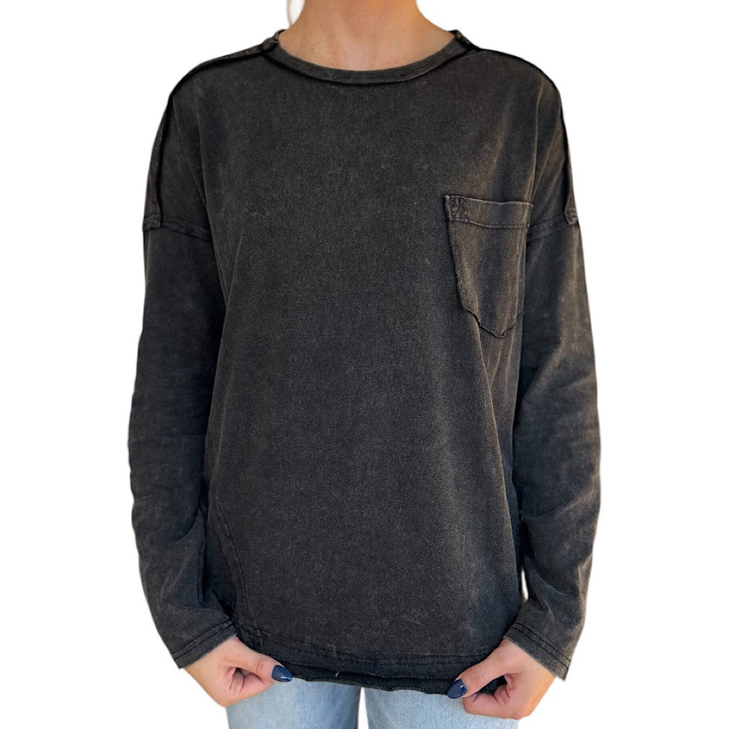Black Mineral Washed Casual Knit Top