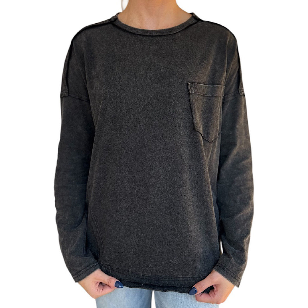Black Mineral Washed Casual Knit Top