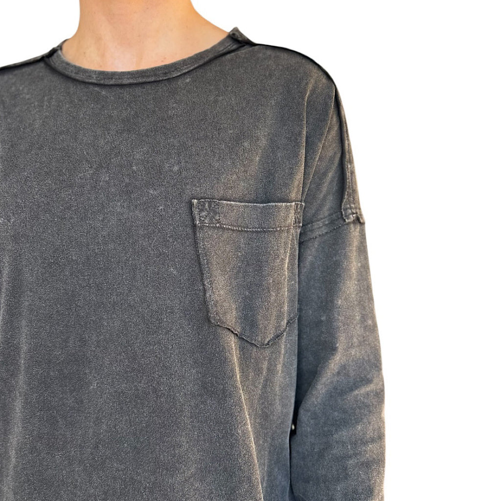 Black Mineral Washed Casual Knit Top
