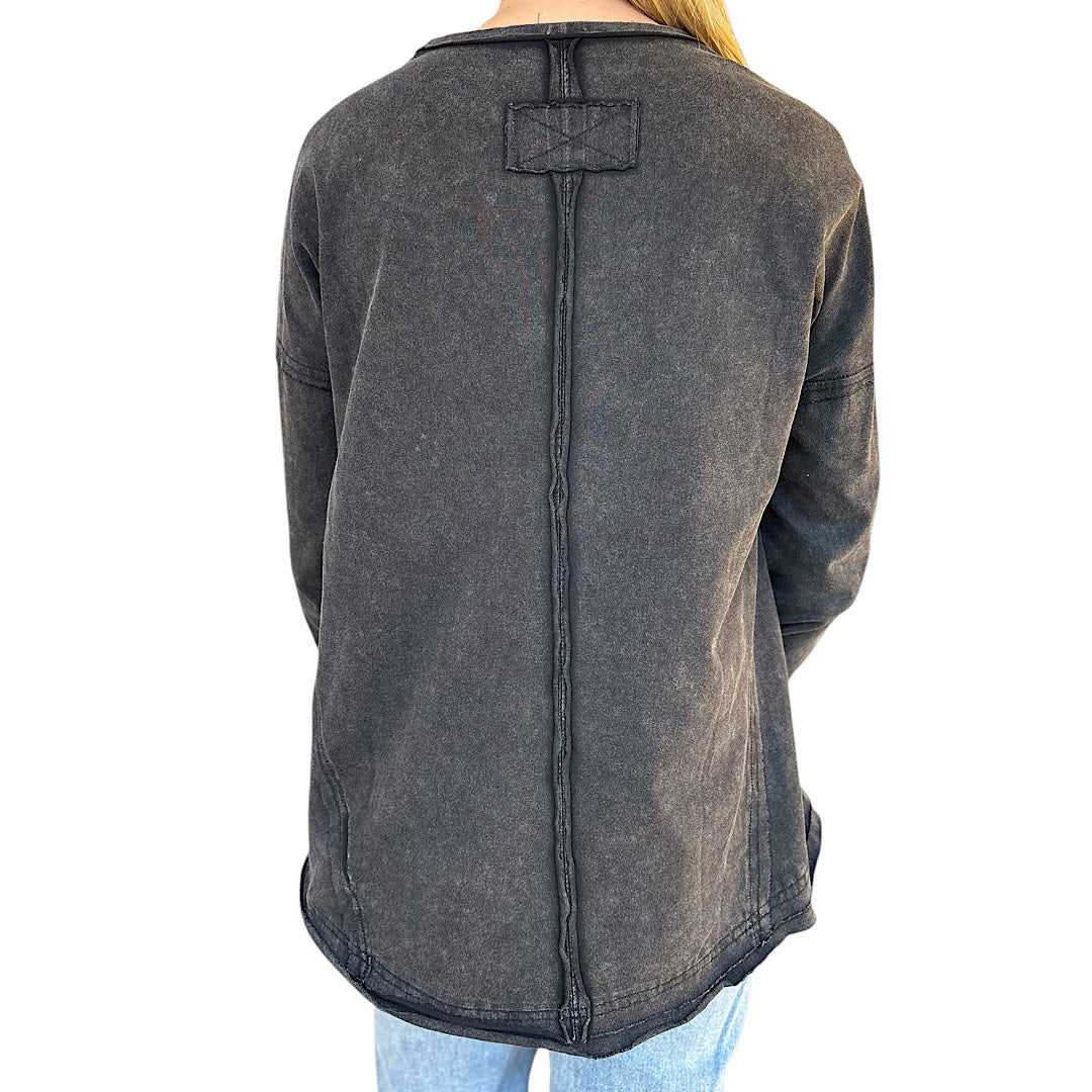 Black Mineral Washed Casual Knit Top