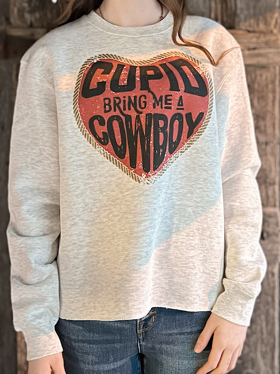 Grey Cupid Cowboy Valentine's Day Cropped Sweatshirt