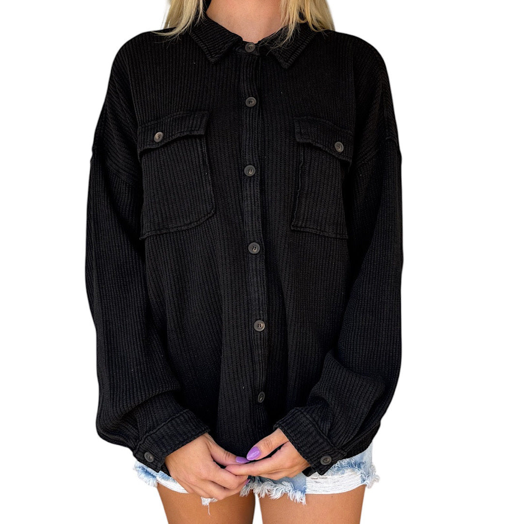 Black Mineral Washed Waffle Knit Shacket
