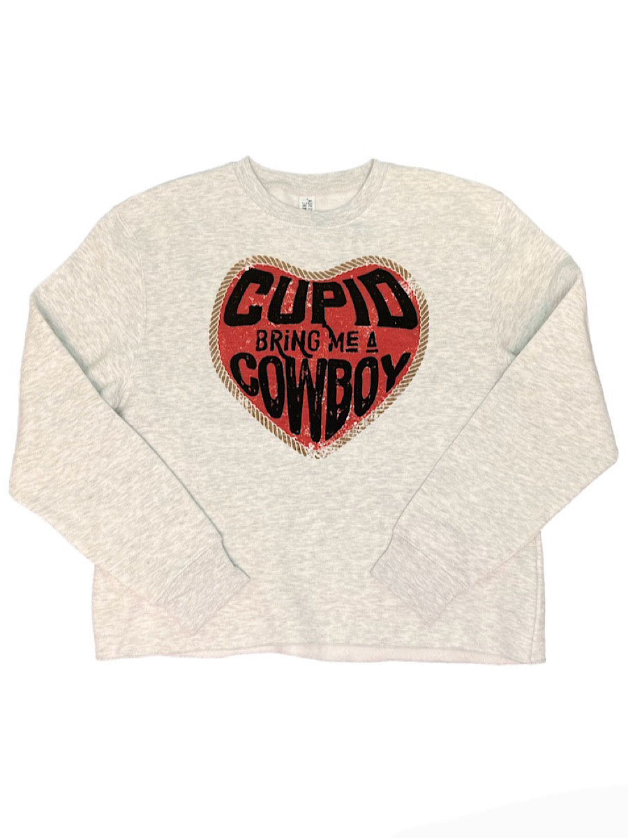 Grey Cupid Cowboy Valentine's Day Cropped Sweatshirt