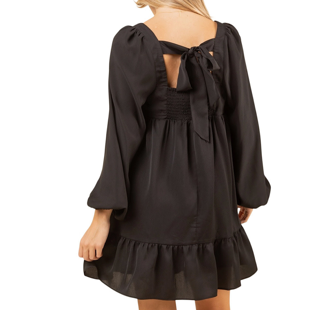 Bust Pleated Backless Black Mini Dress