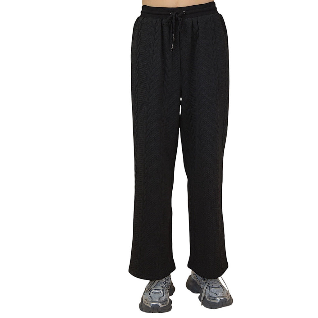 Black Cable Knit Hooded  Oversized Textured Pant Set