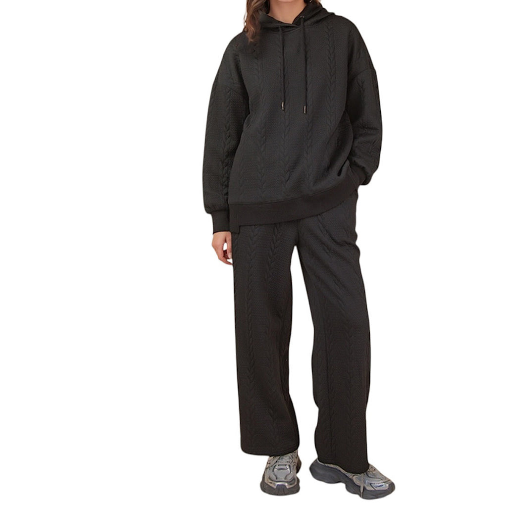 Black Cable Knit Hooded  Oversized Textured Pant Set