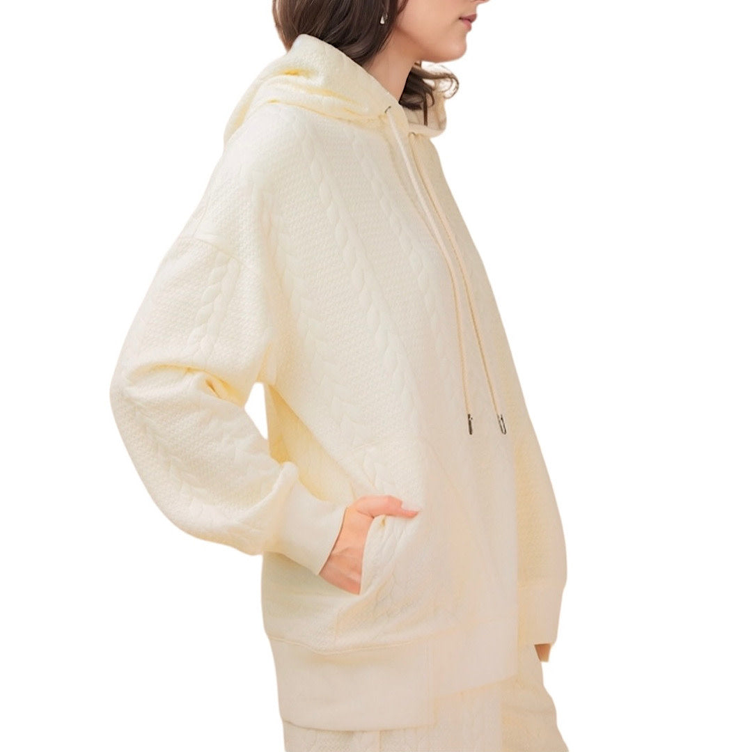 Cream Cable Knit Hooded Oversized Textured Pant Set