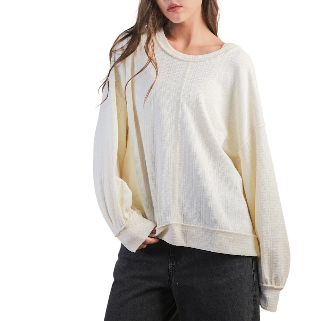 Raw Edge Cream Oversized Textured Knit Top