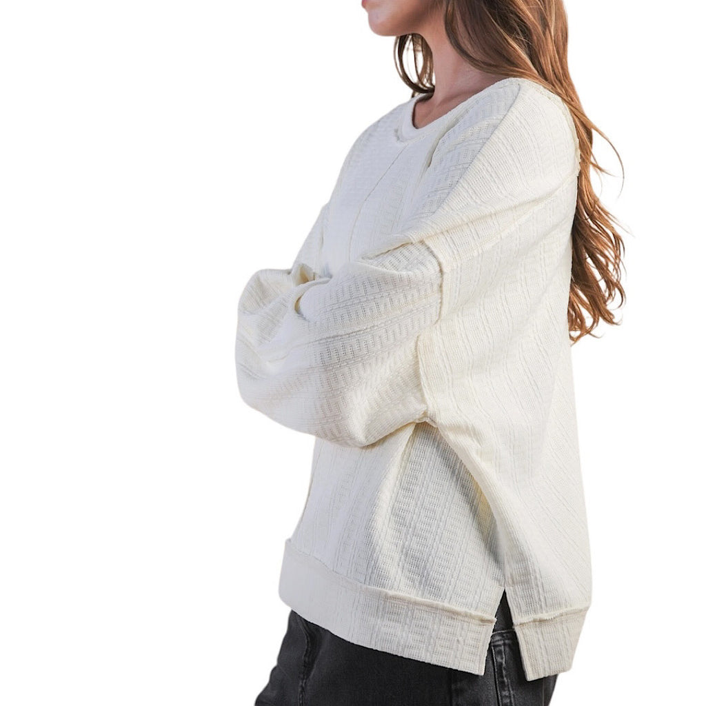 Raw Edge Cream Oversized Textured Knit Top