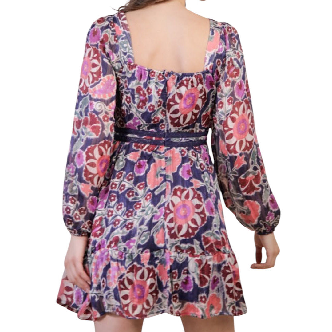 Navy Mix Lace Trim Detail Printed Holiday Mini Dress