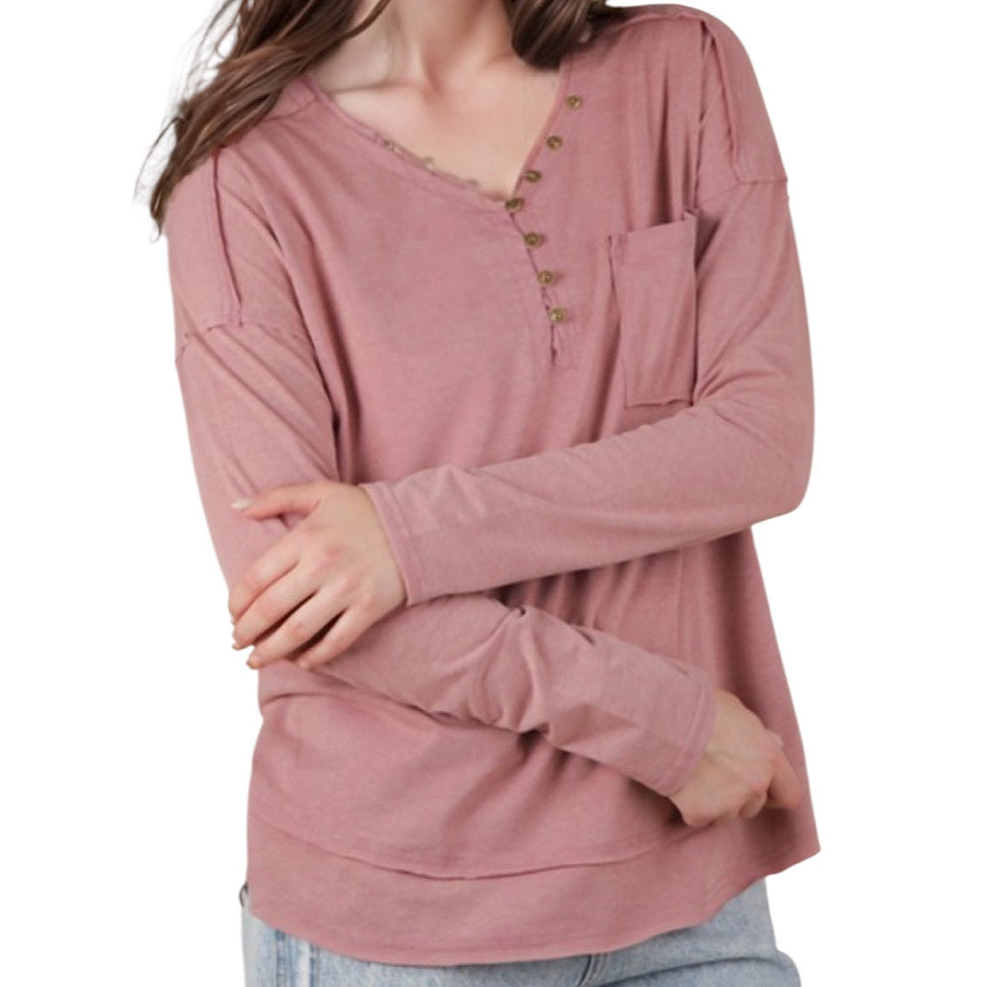 Mauve Mineral Washed Cotton Comfy Knit Top