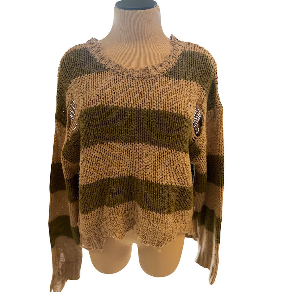 Olive/ Taupe Stripe Knit Cutout Sweater Size M- RF