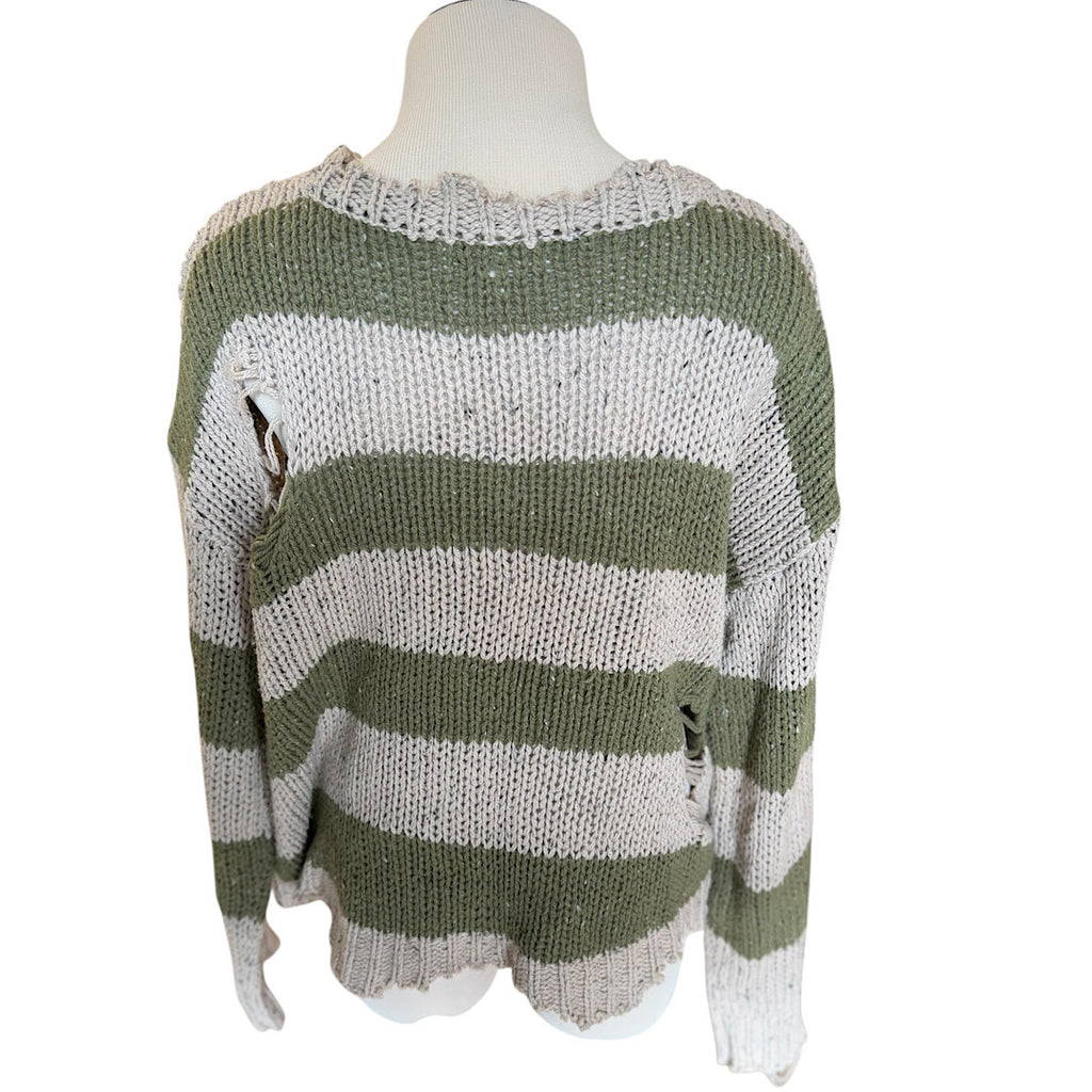 Olive/ Taupe Stripe Knit Cutout Sweater Size M- RF