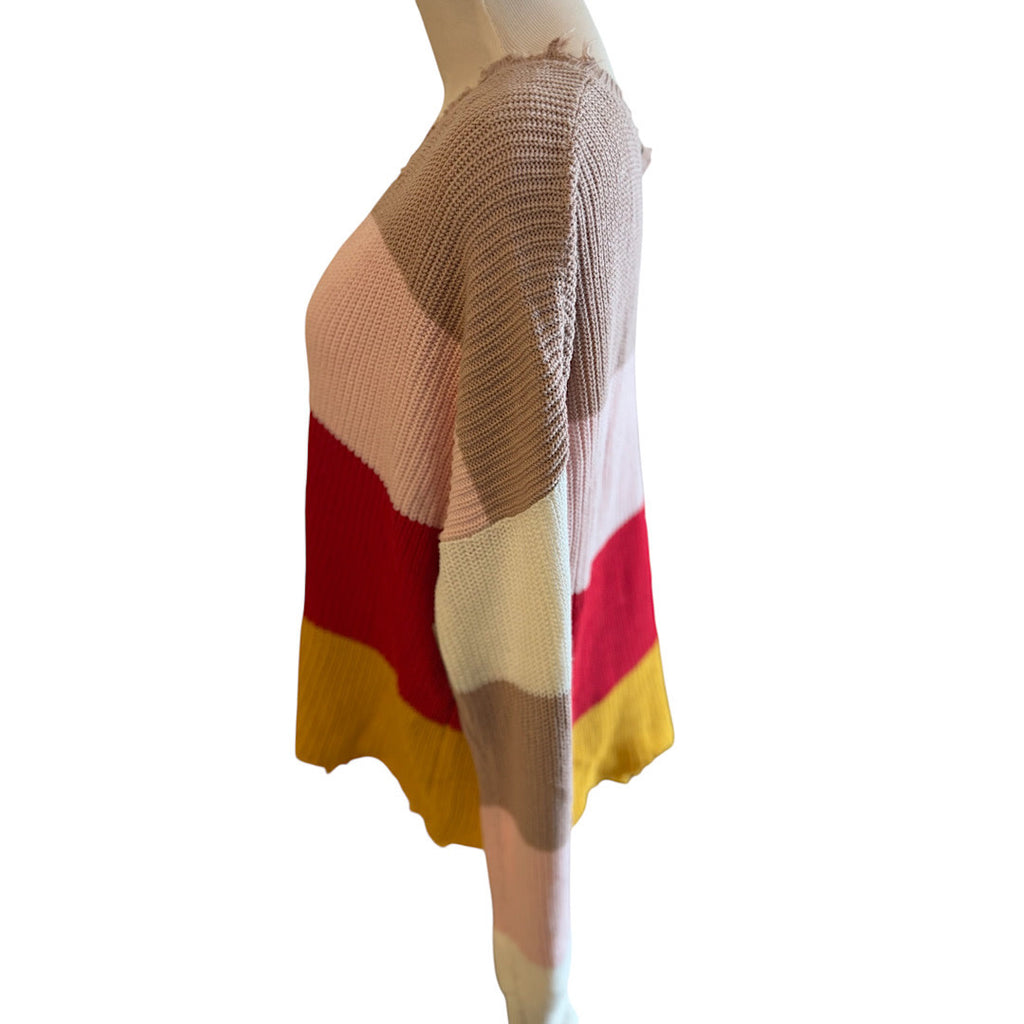 Red/ Yellow Taupe Ripped V-Neck Sweater Size Small-RF
