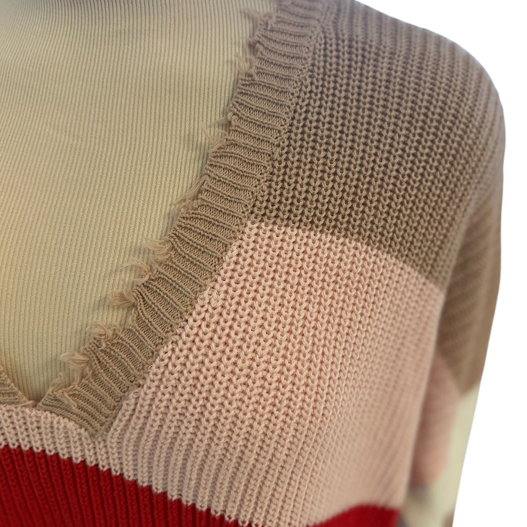 Red/ Yellow Taupe Ripped V-Neck Sweater Size Small-RF