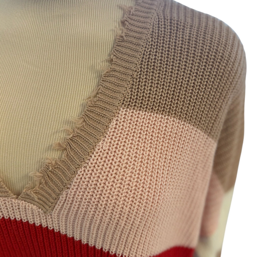 Red/ Yellow Taupe Ripped V-Neck Sweater Size Small-RF