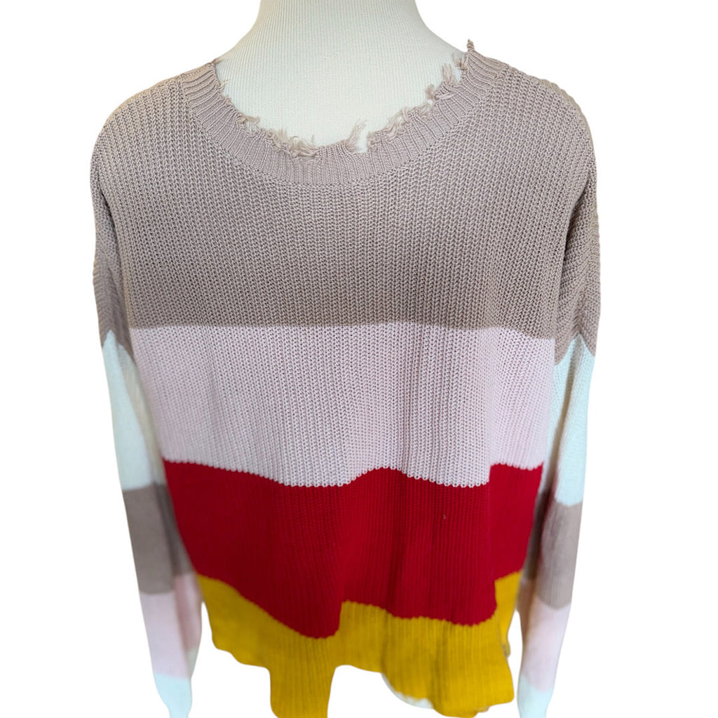Red/ Yellow Taupe Ripped V-Neck Sweater Size Small-RF