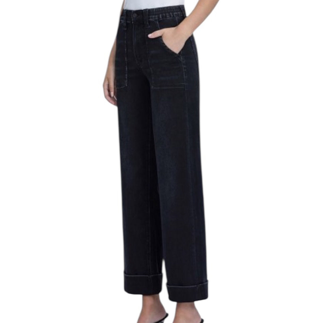 Vervet V3589BK Black High Rise Super Soft Baggy Cuffed Wide Leg Jeans