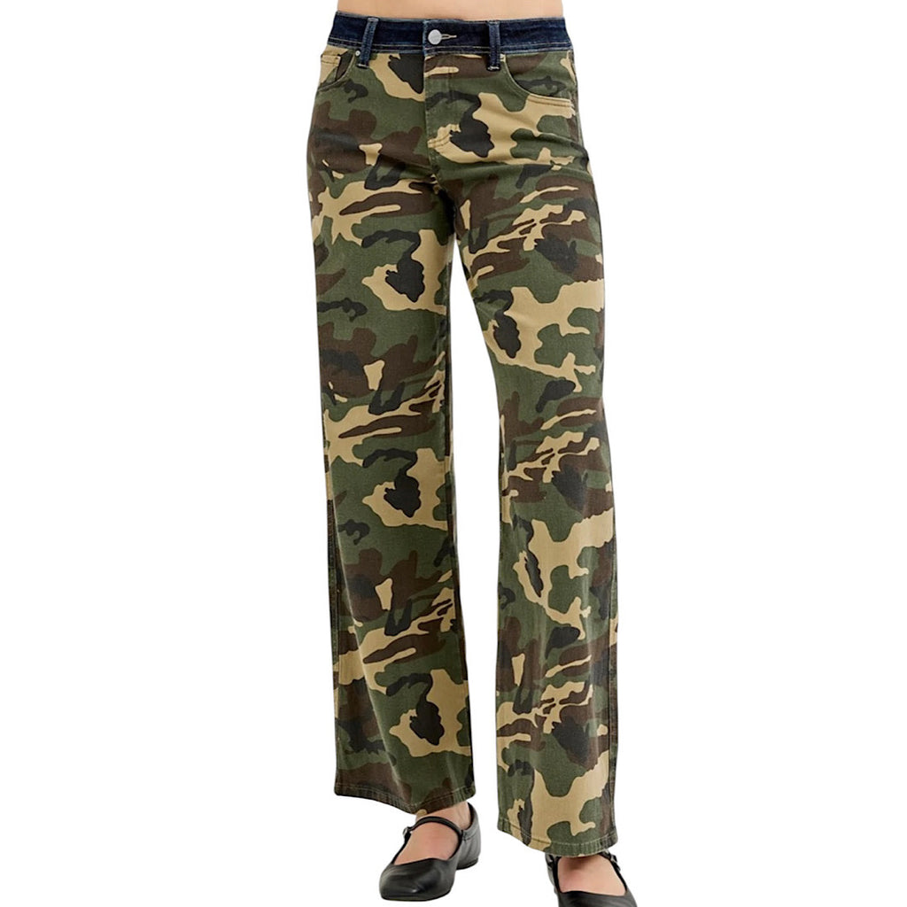 Risen PWS21274 Camo Mid Rise Straight Wide Jean