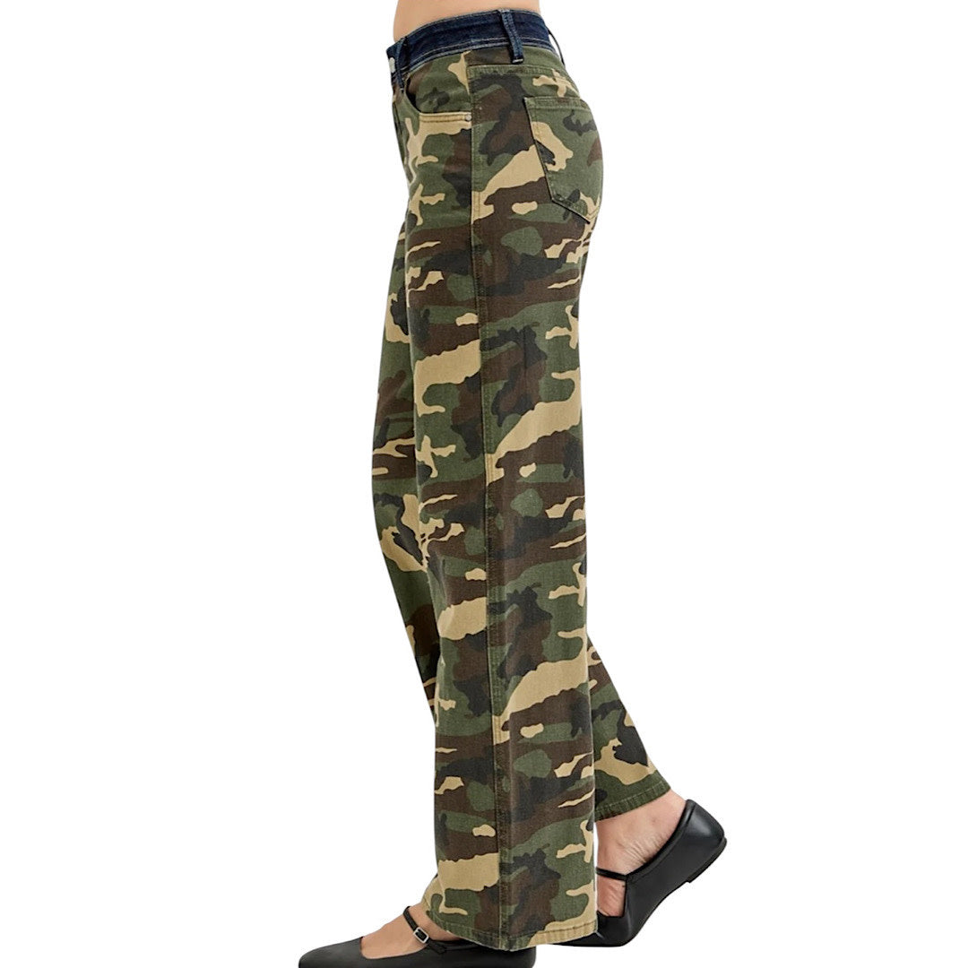 Risen PWS21274 Camo Mid Rise Straight Wide Jean