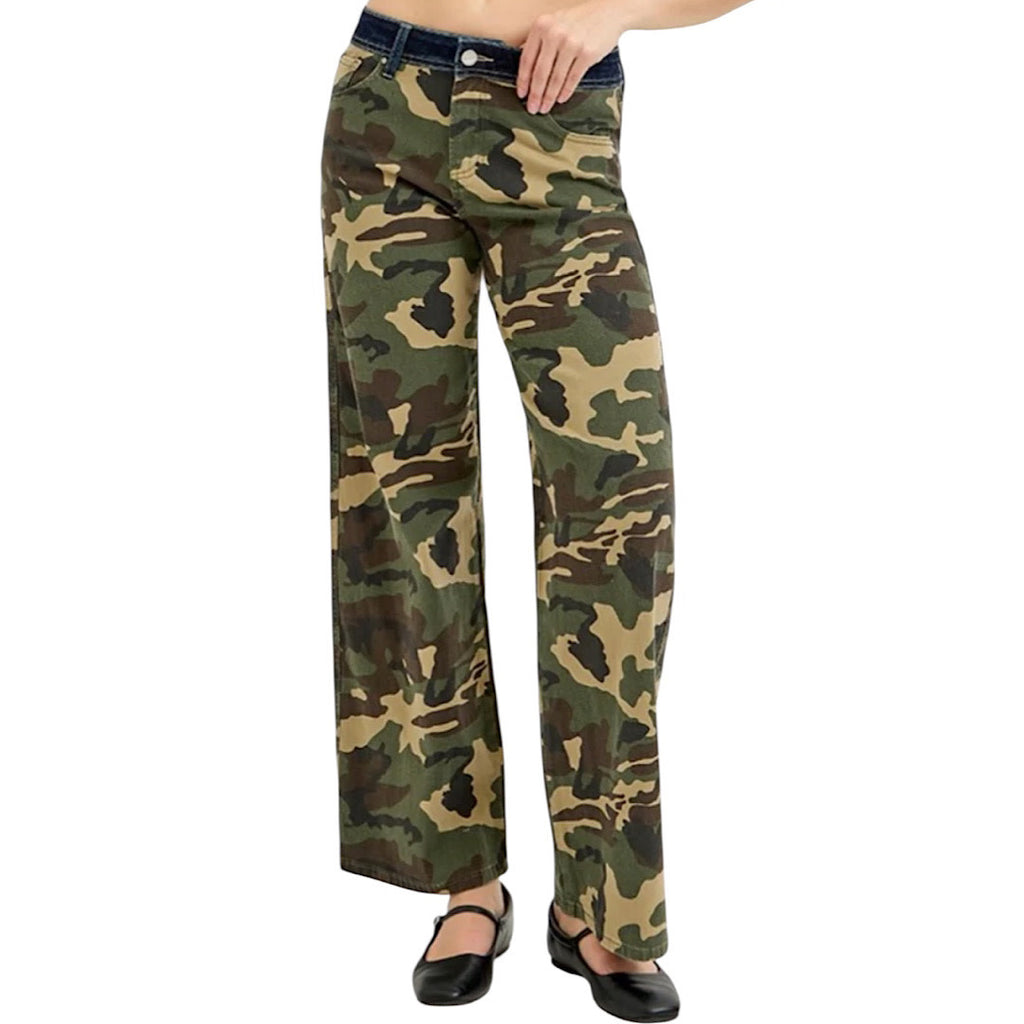 Risen PWS21274 Camo Mid Rise Straight Wide Jean