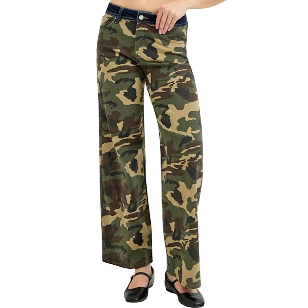 Risen PWS21274 Camo Mid Rise Straight Wide Jean