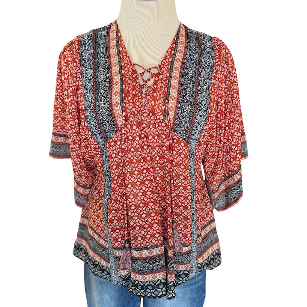 Clay Multi Print Floral Short Sleeve Top Size Small- RF