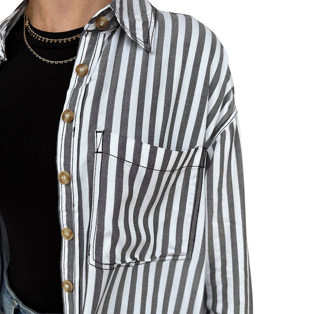 Black Stripe Collared Button Down Long Sleeve Shirt