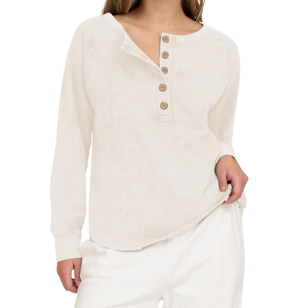 Ivory Washed Henley Neck Top 