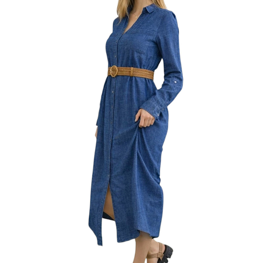 Denim Button Down Belted Dress