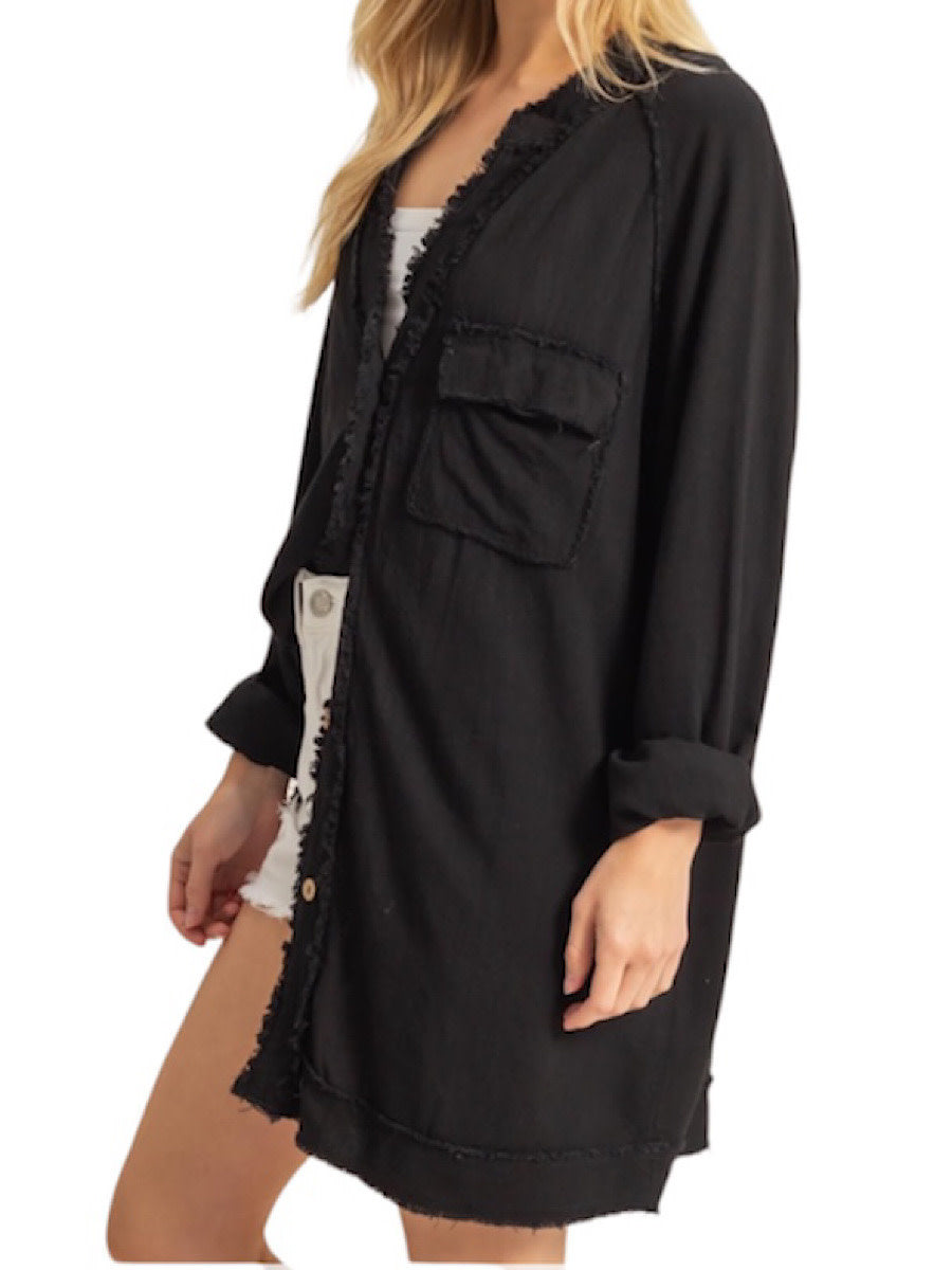 Black Double Gauze Raw Edge V-Neck Tunic Top