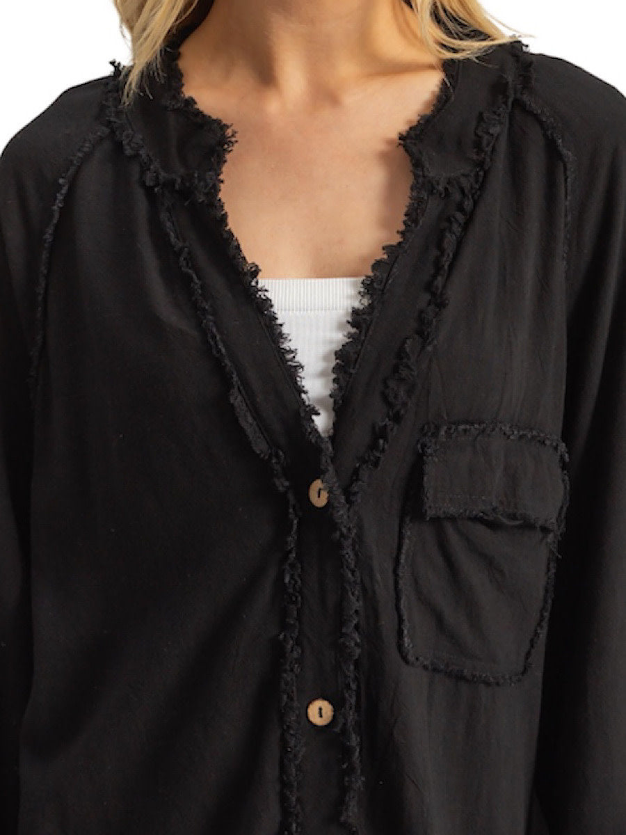 Black Double Gauze Raw Edge V-Neck Tunic Top