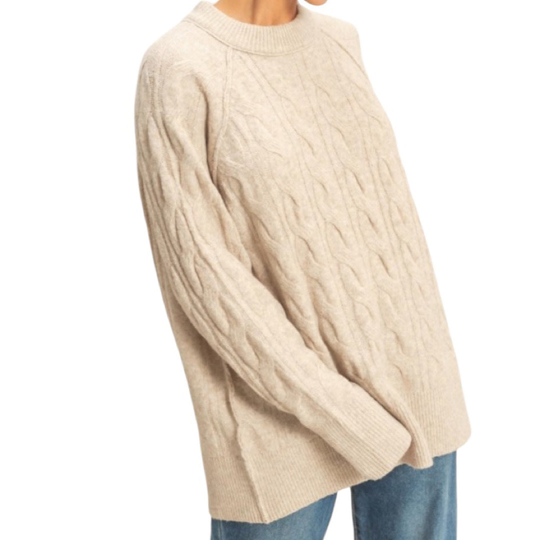 Light Taupe Crew Neck Cable Knit Sweater