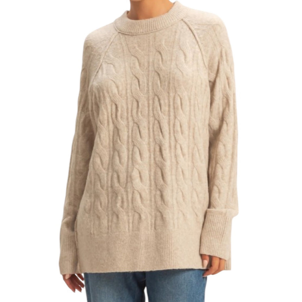 Light Taupe Crew Neck Cable Knit Sweater