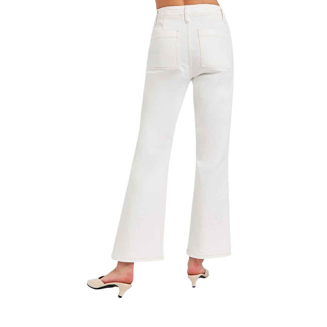 RISEN RDP5662 Cream High- Rise Ankle Flare Patch Pocket Pants