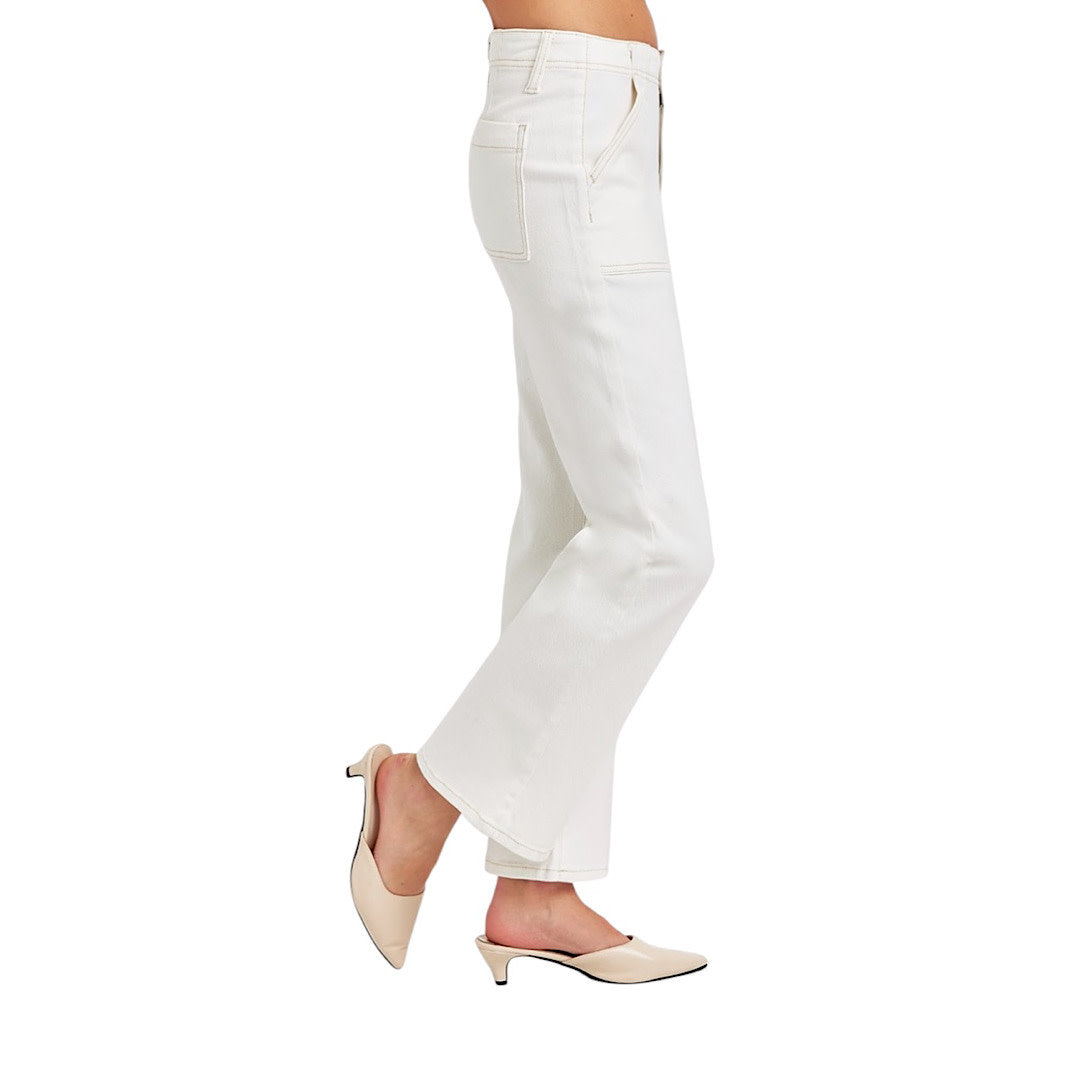 RISEN RDP5662 Cream High- Rise Ankle Flare Patch Pocket Pants