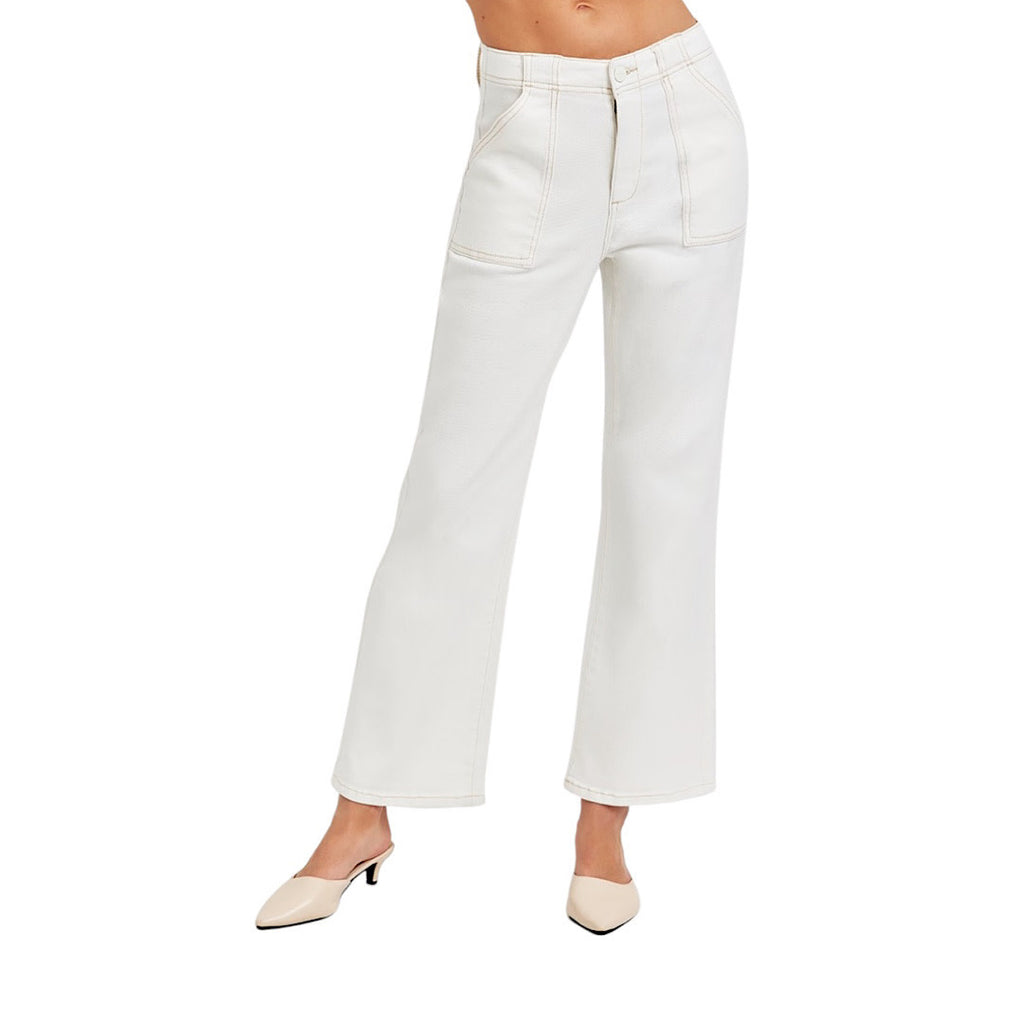 RISEN RDP5662 Cream High- Rise Ankle Flare Patch Pocket Pants