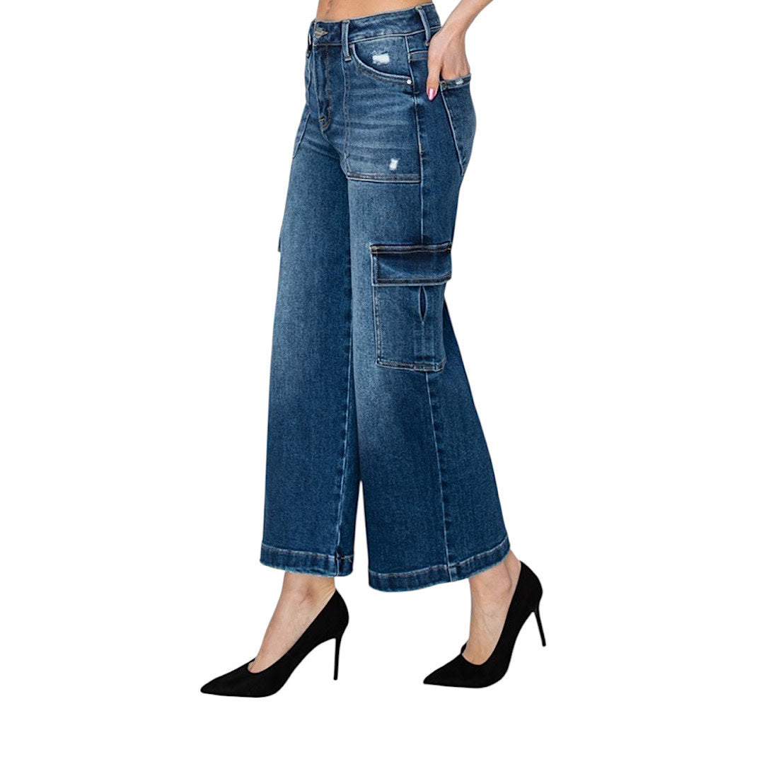RISEN RDP5777 Medium Wash High Rise Crop Wide Leg Cargo Jeans