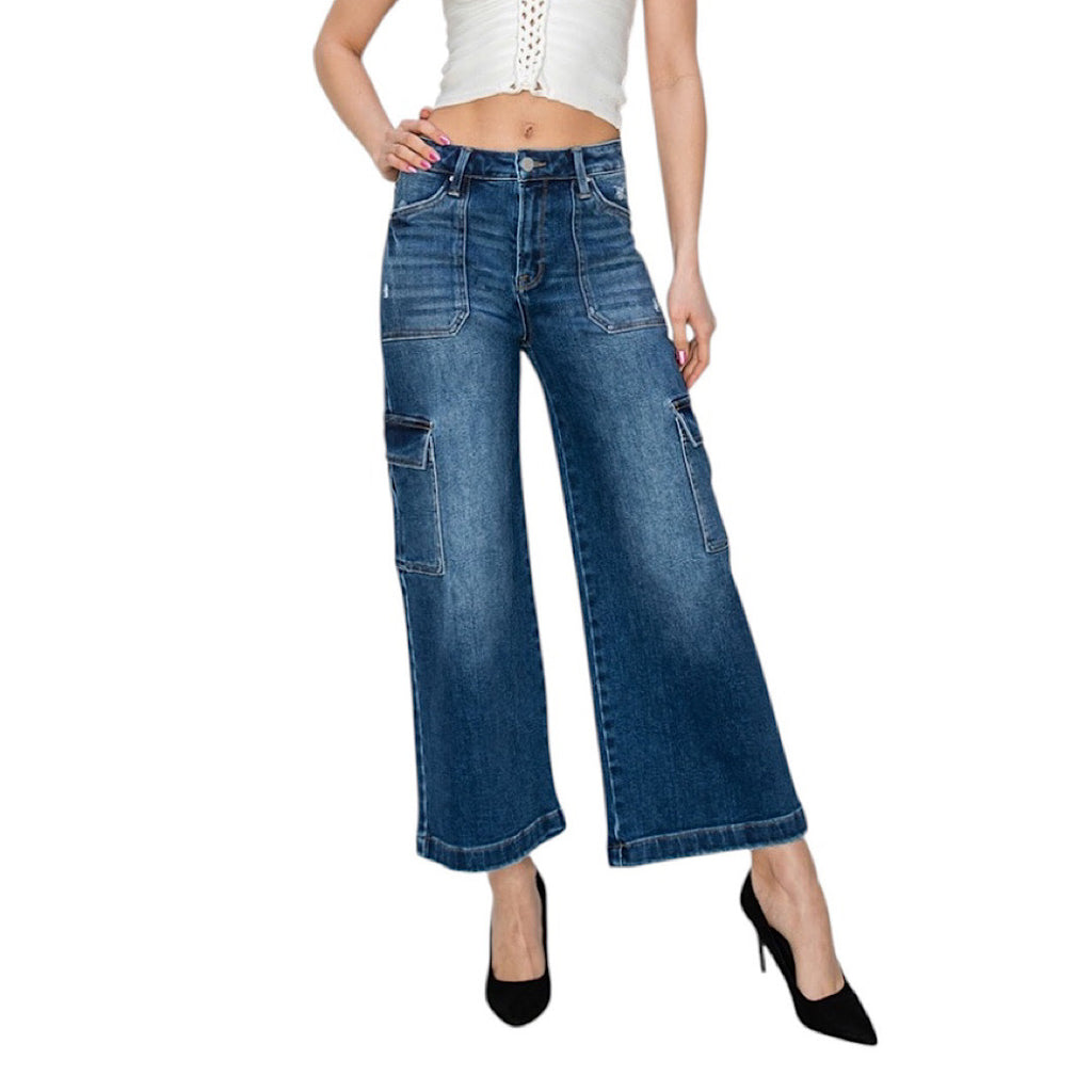 RISEN RDP5777 Medium Wash High Rise Crop Wide Leg Cargo Jeans