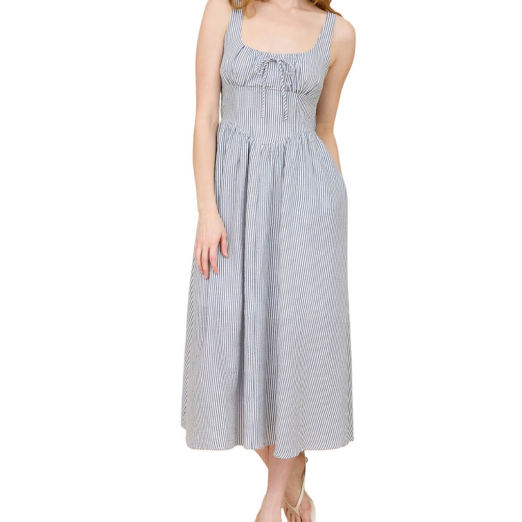 Navy Stripe Mid Length Dress 