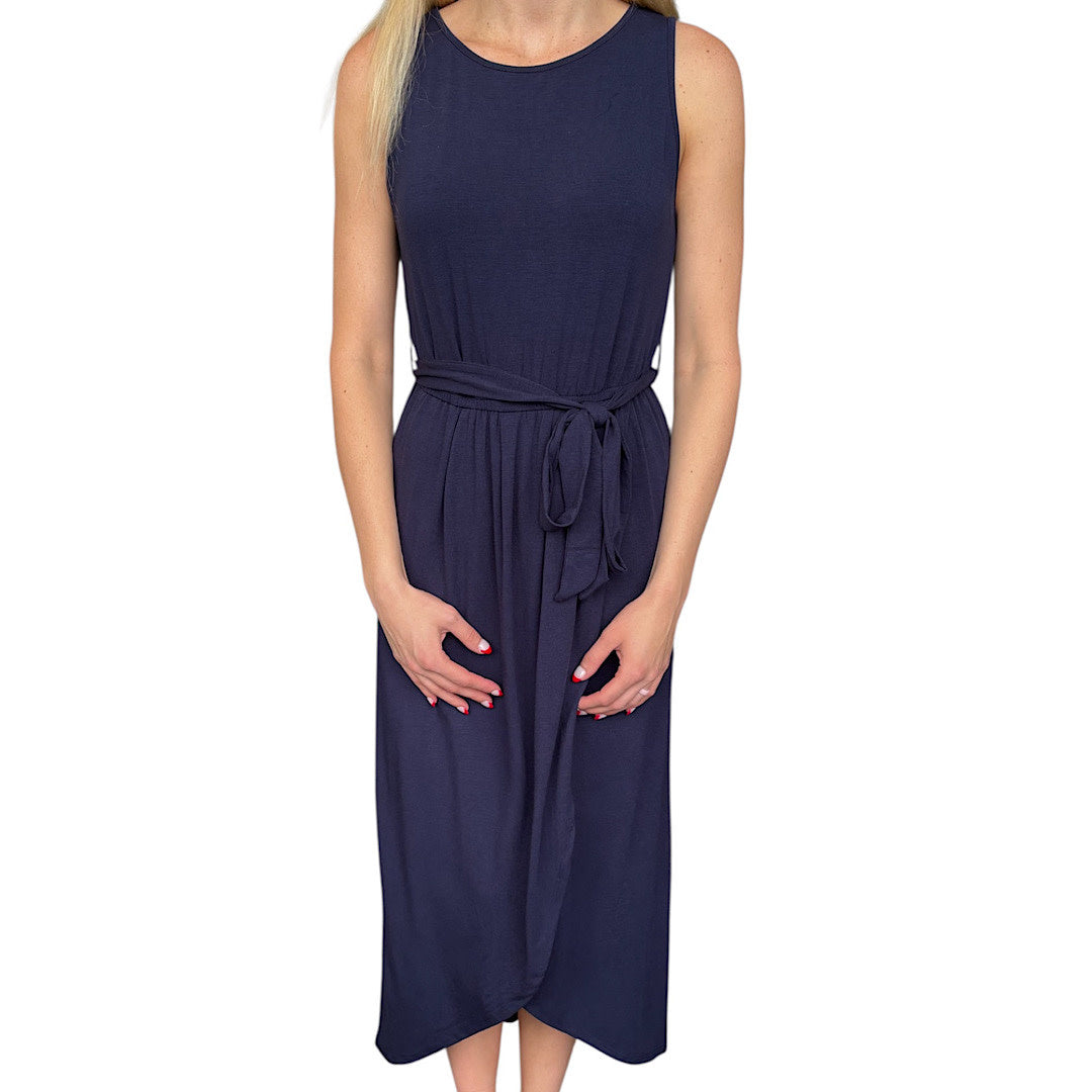 Navy Tie Waist Maxi Length Dress